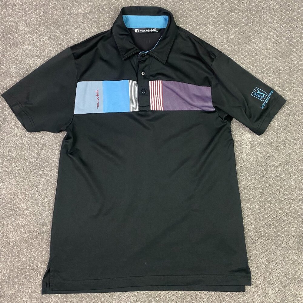 Travis Mathew Polo Shirt Men's Medium Black Striped Color Block Golf Stretch